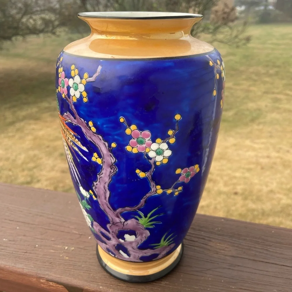 VTG Japanese Porcelain Hand Painted Cobalt Blue Flowers Birds Vase 9 1/2” Nice!